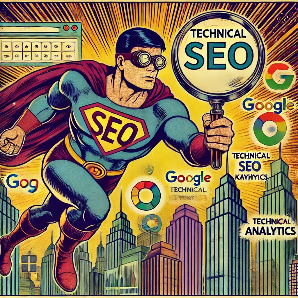 Vintage comic style SEO hero analyzing digital city sky