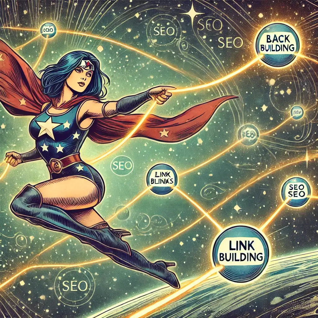 Vintage comic style superhero with backlinks