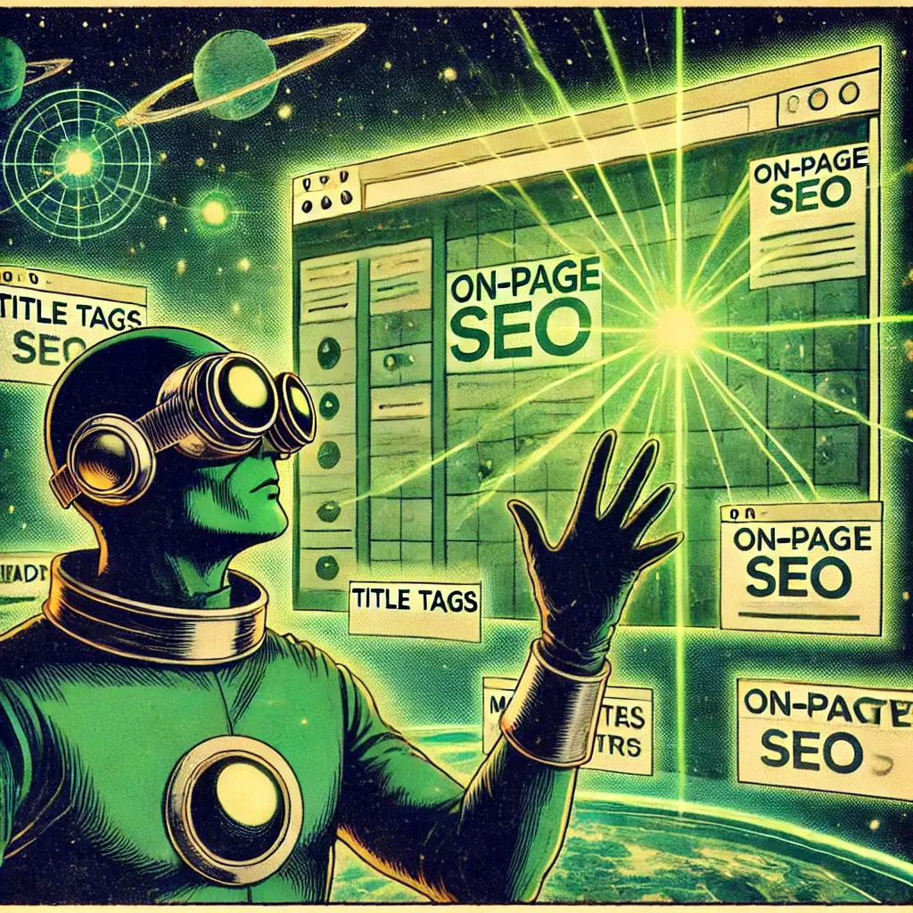 Vintage comic style alien superhero inspecting web page layout