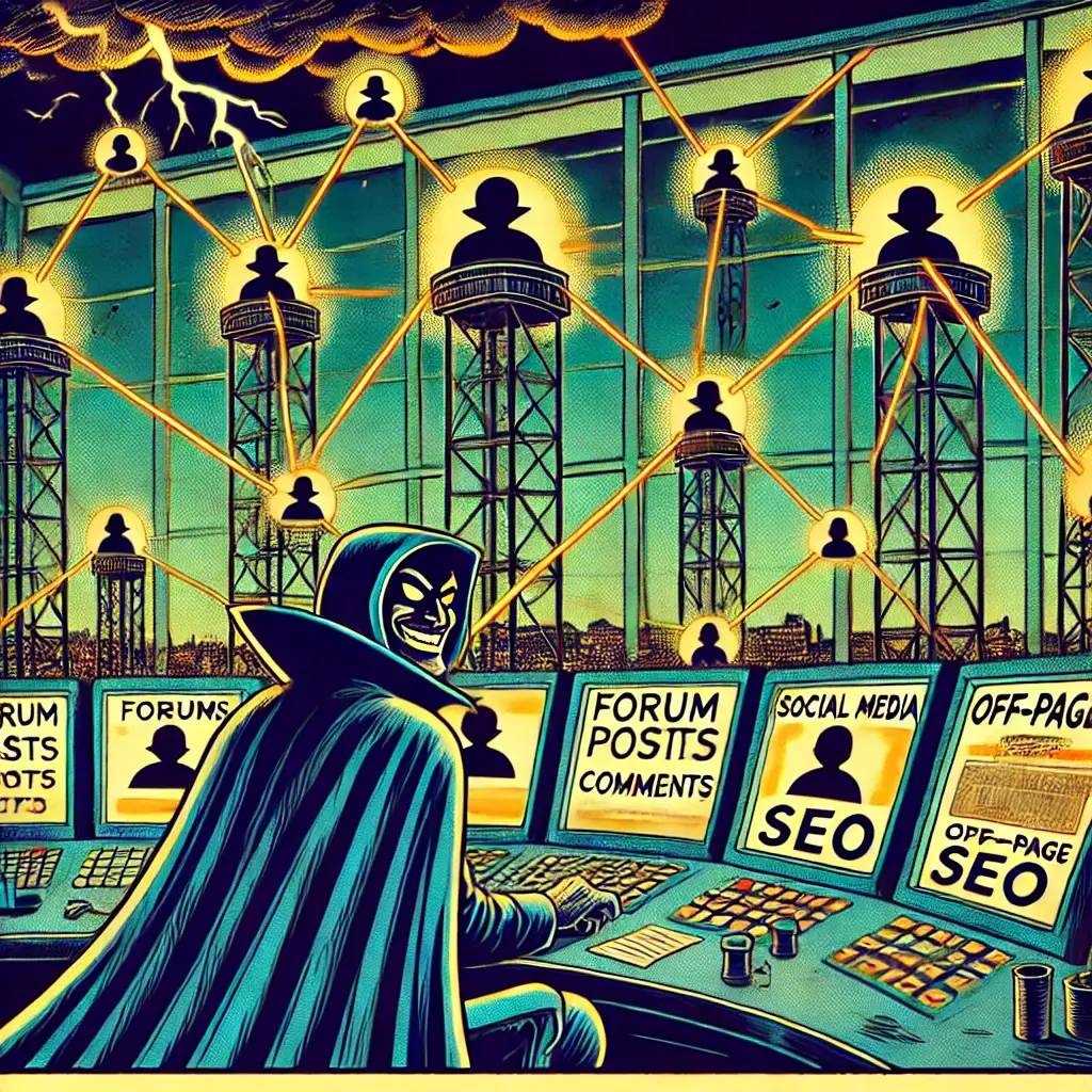 Vintage comic style villain at control panel with shadowy figures