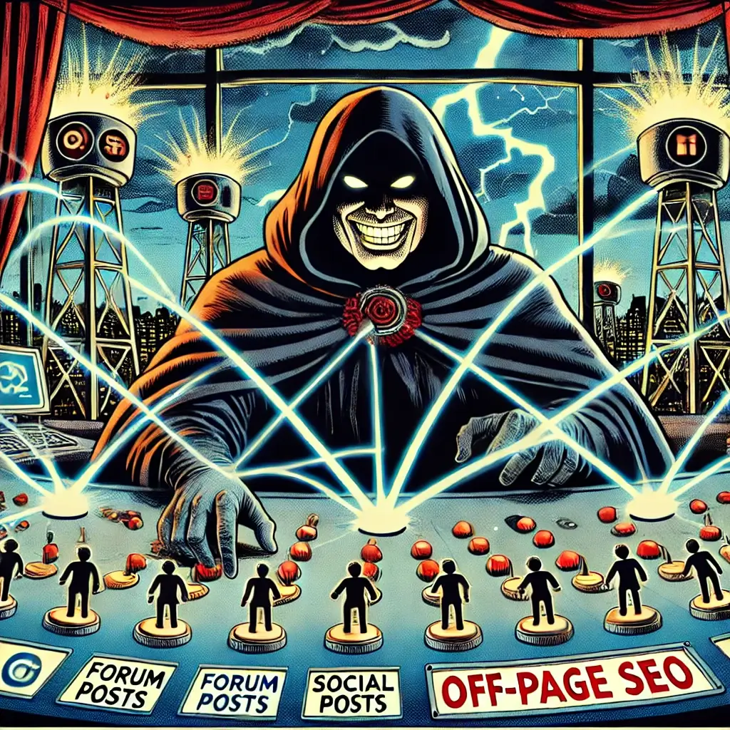 Vintage comic style villain at SEO control panel