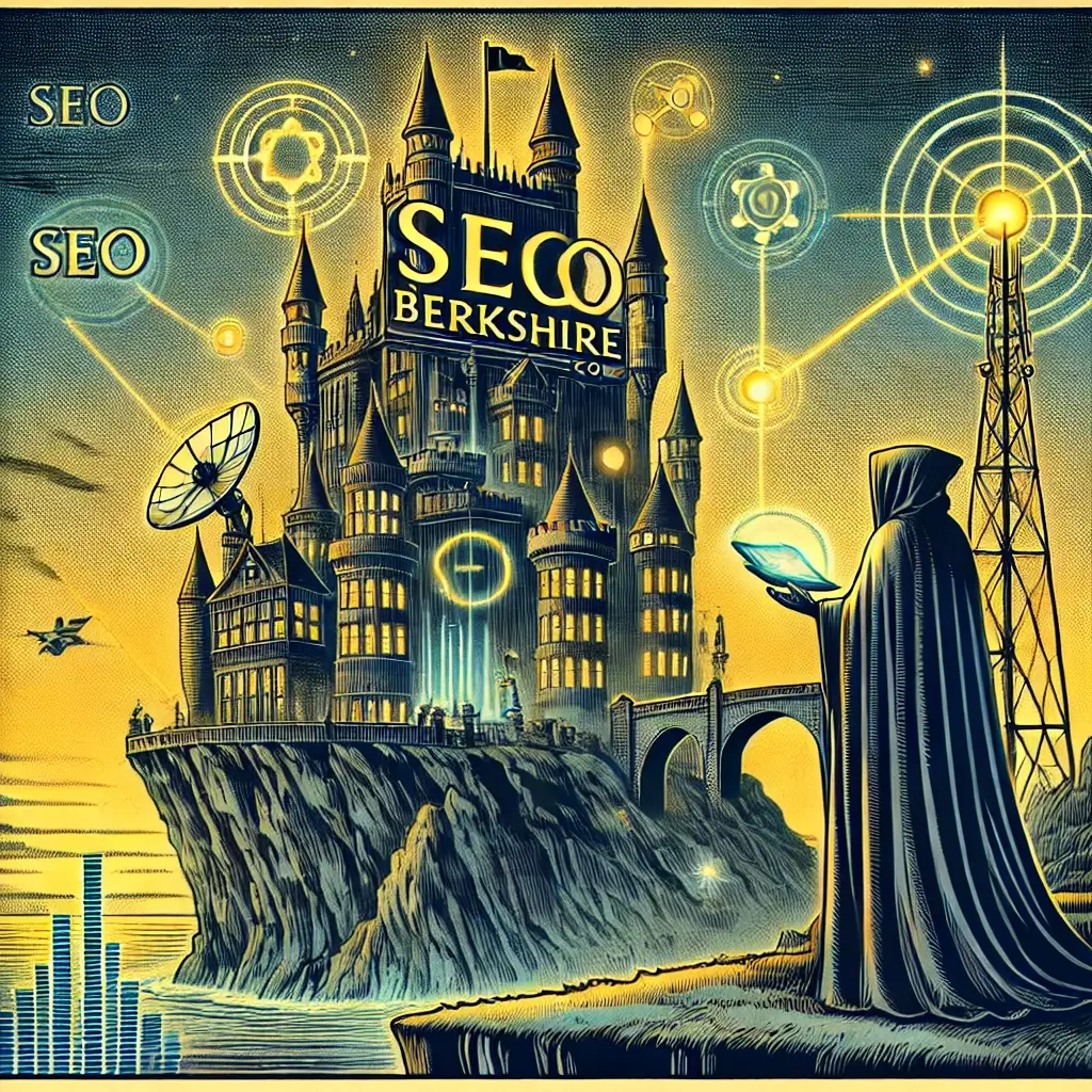 Vintage comic style SEOberkshire.com fortress on cliff