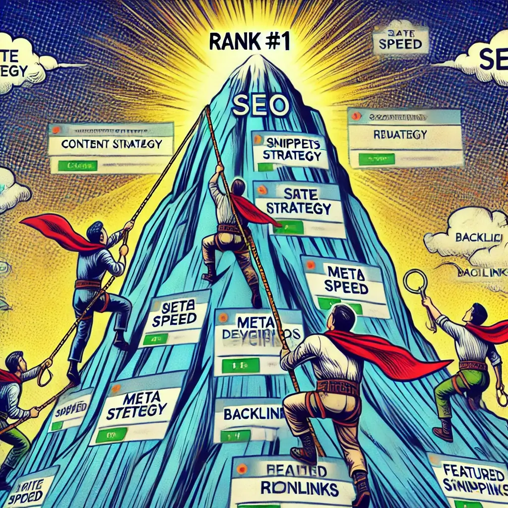 Vintage comic style SEO heroes climbing SERPs mountain