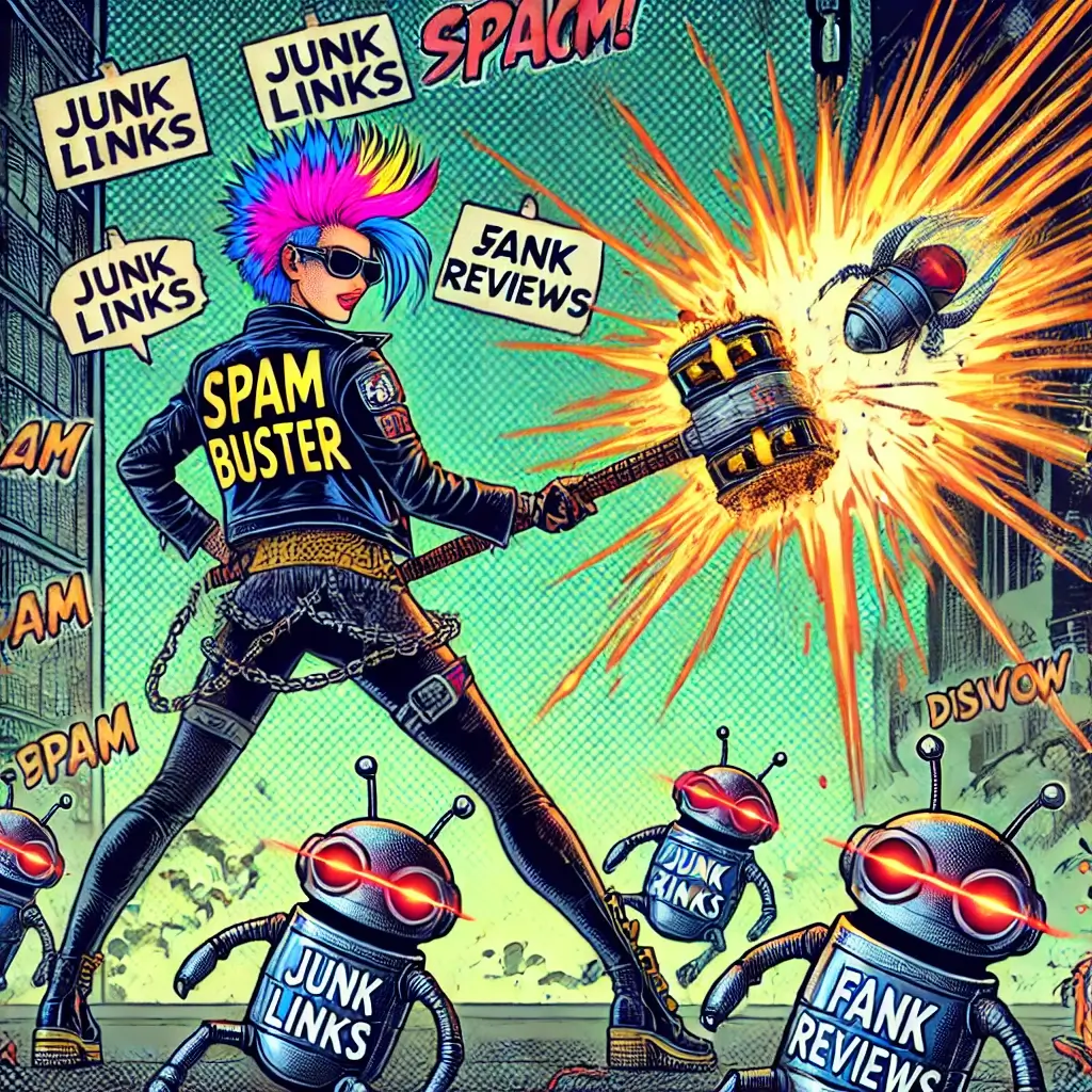 Vintage comic style punk rock superheroine Spam Buster