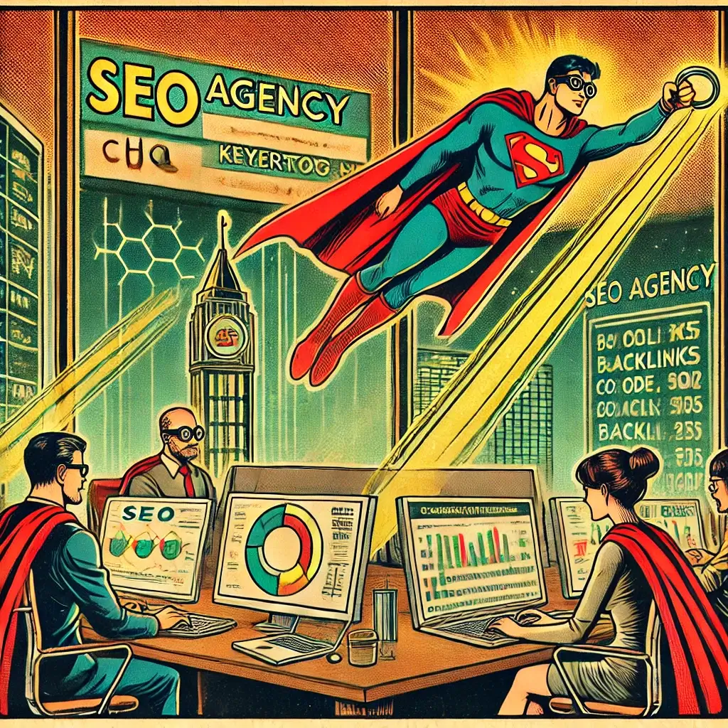 Vintage comic style SEO professionals in high-tech HQ