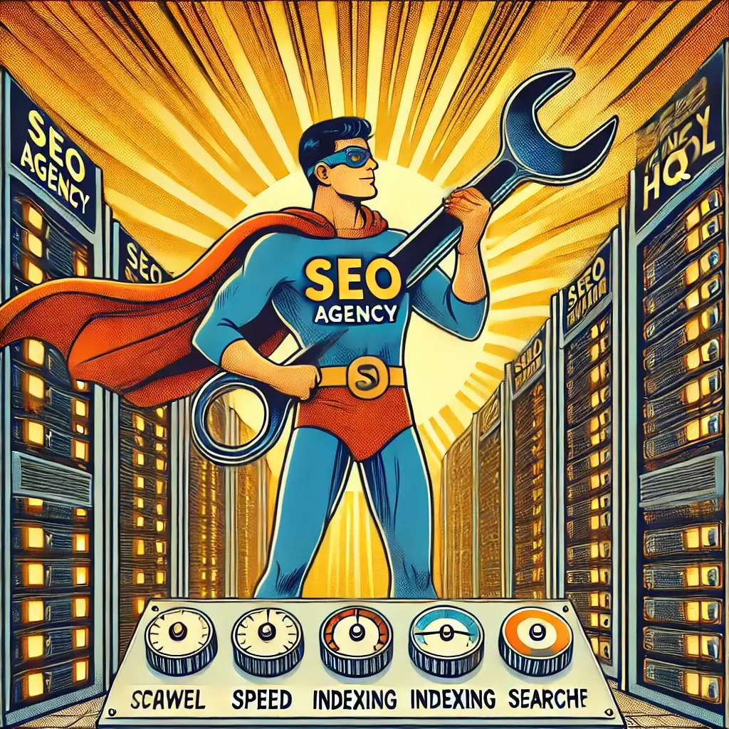 Vintage comic style SEO server engineer in server room