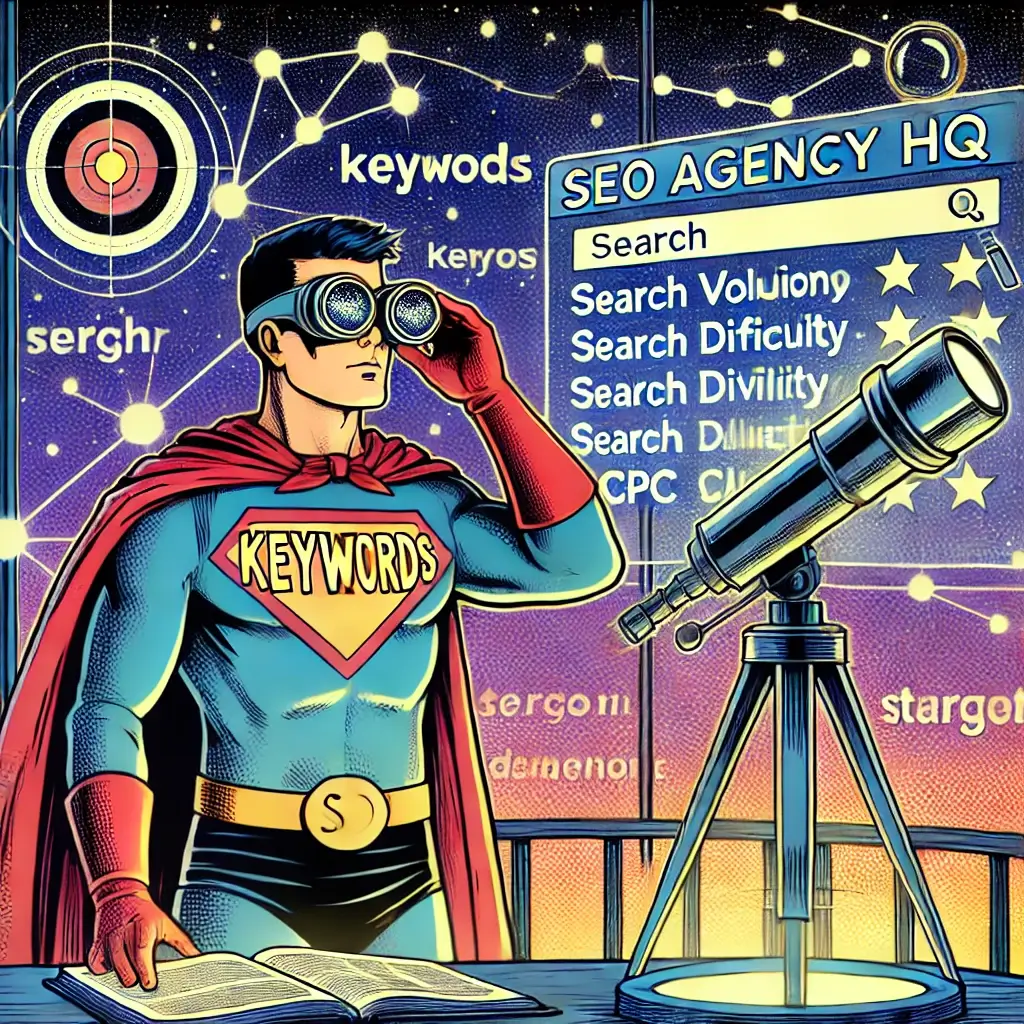 Vintage comic style superhero with Keyword goggles in digital observatory